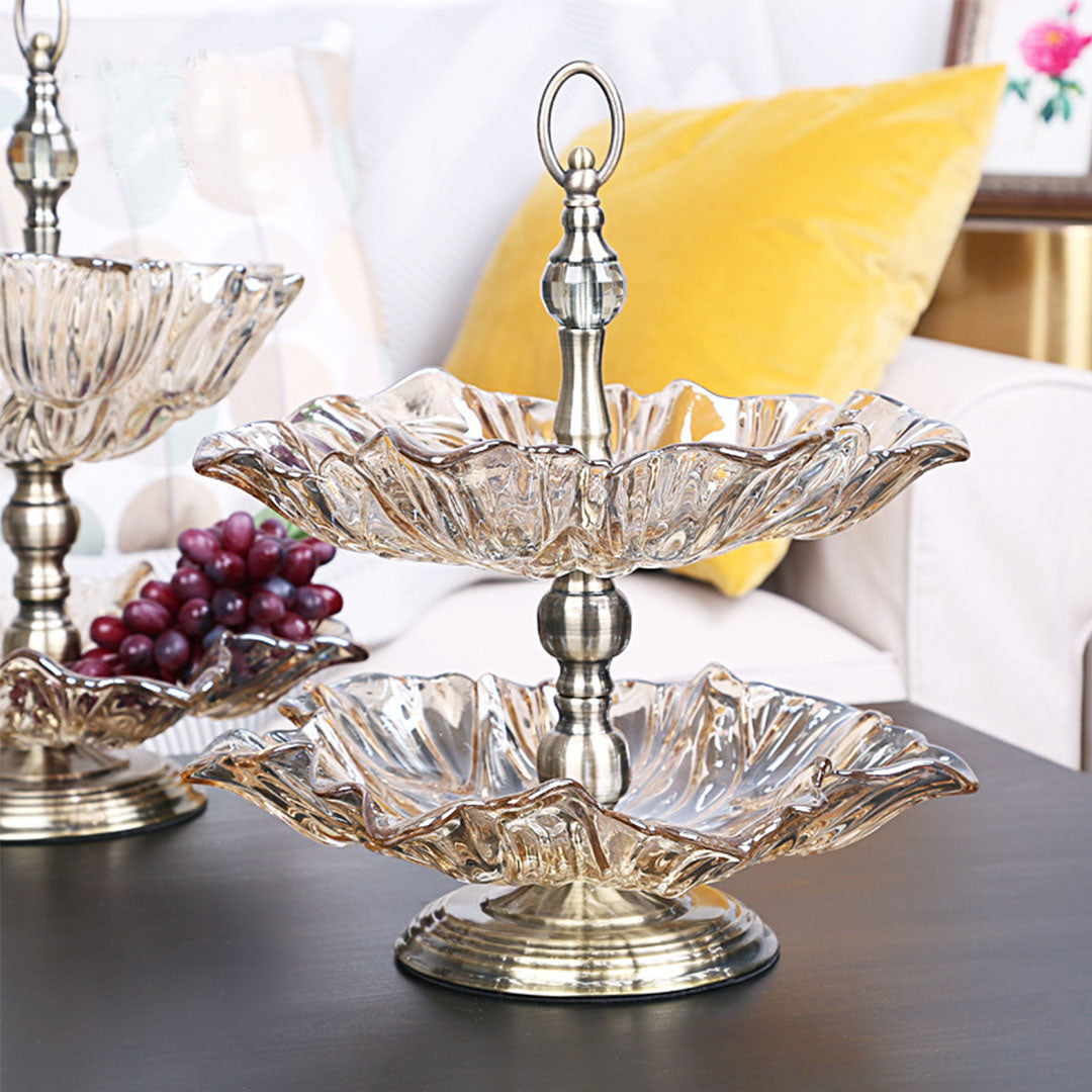 Soga 2 Tier Bronze Lotus Vertex Crystal Glass Fruit Bowl Candy Holder Countertop Dessert Serving Basket Decor