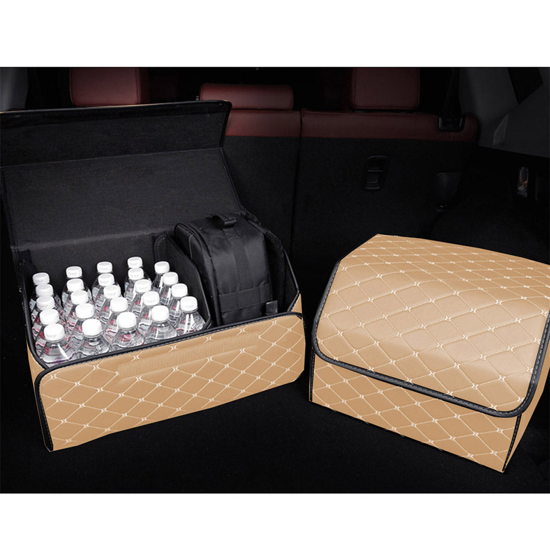 Soga 2 X Leather Car Boot Collapsible Foldable Trunk Cargo Organizer Portable Storage Box Beige/Gold Stitch Large