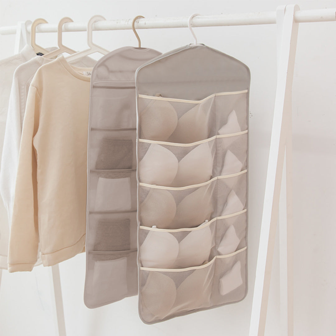 Grey Double Sided Hanging Storage Bag Underwear Bra Socks Mesh Pocket Hanger Home Organiser