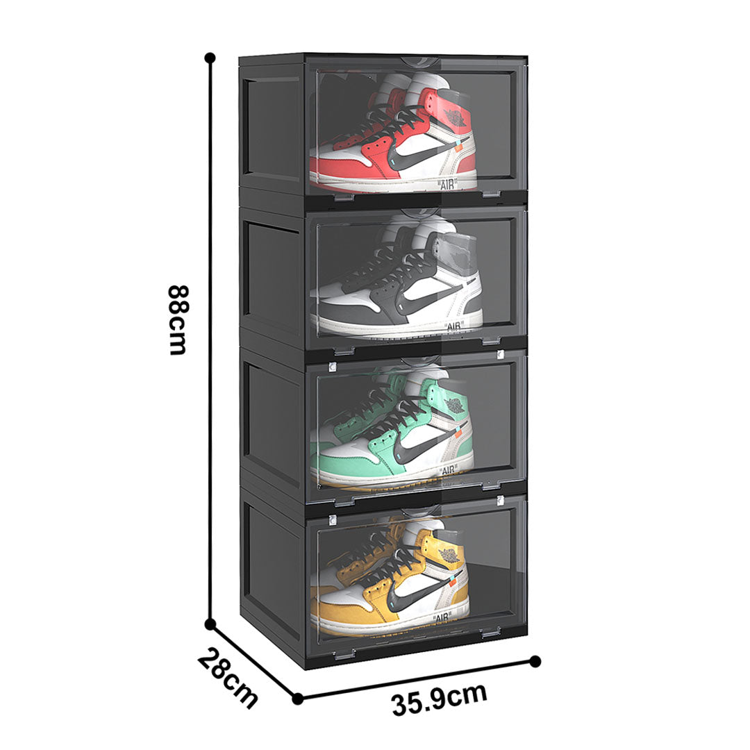 4 Tier Black Portable Shoe Organiser Sneaker Footwear Folding Plastic Bin Stackable Storage Box with Magnetic Door