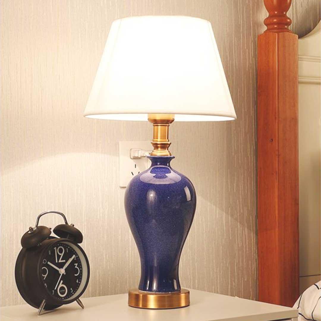 Soga Blue Ceramic Oval Table Lamp With Gold Metal Base