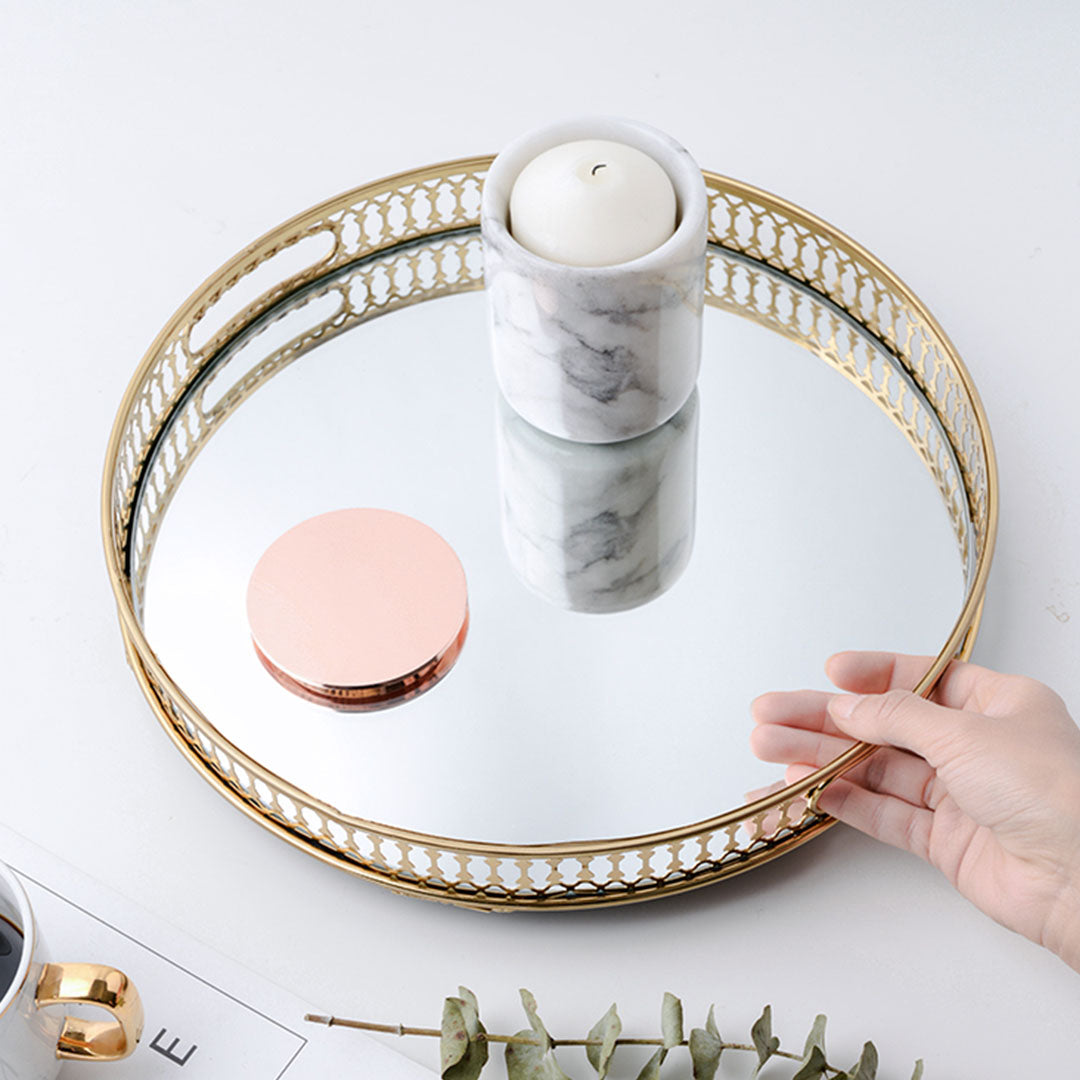 Soga 32cm Gold Round Ornate Mirror Glass Metal Tray Vanity Makeup Perfume Jewelry Organiser With Handles