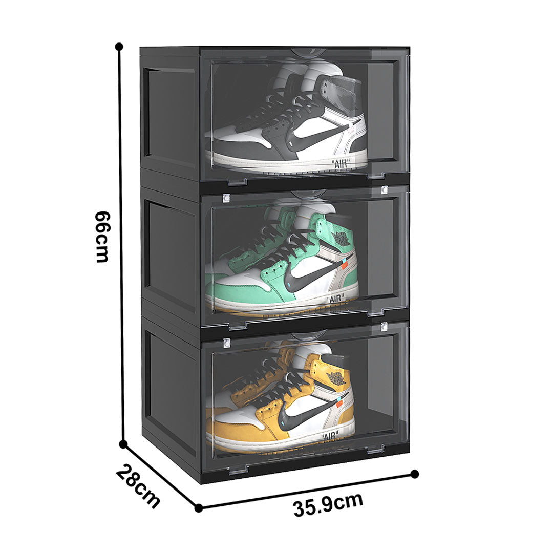 2X 3 Tier Black Portable Shoe Organiser Sneaker Footwear Folding Plastic Bin Stackable Storage Box with Magnetic Door