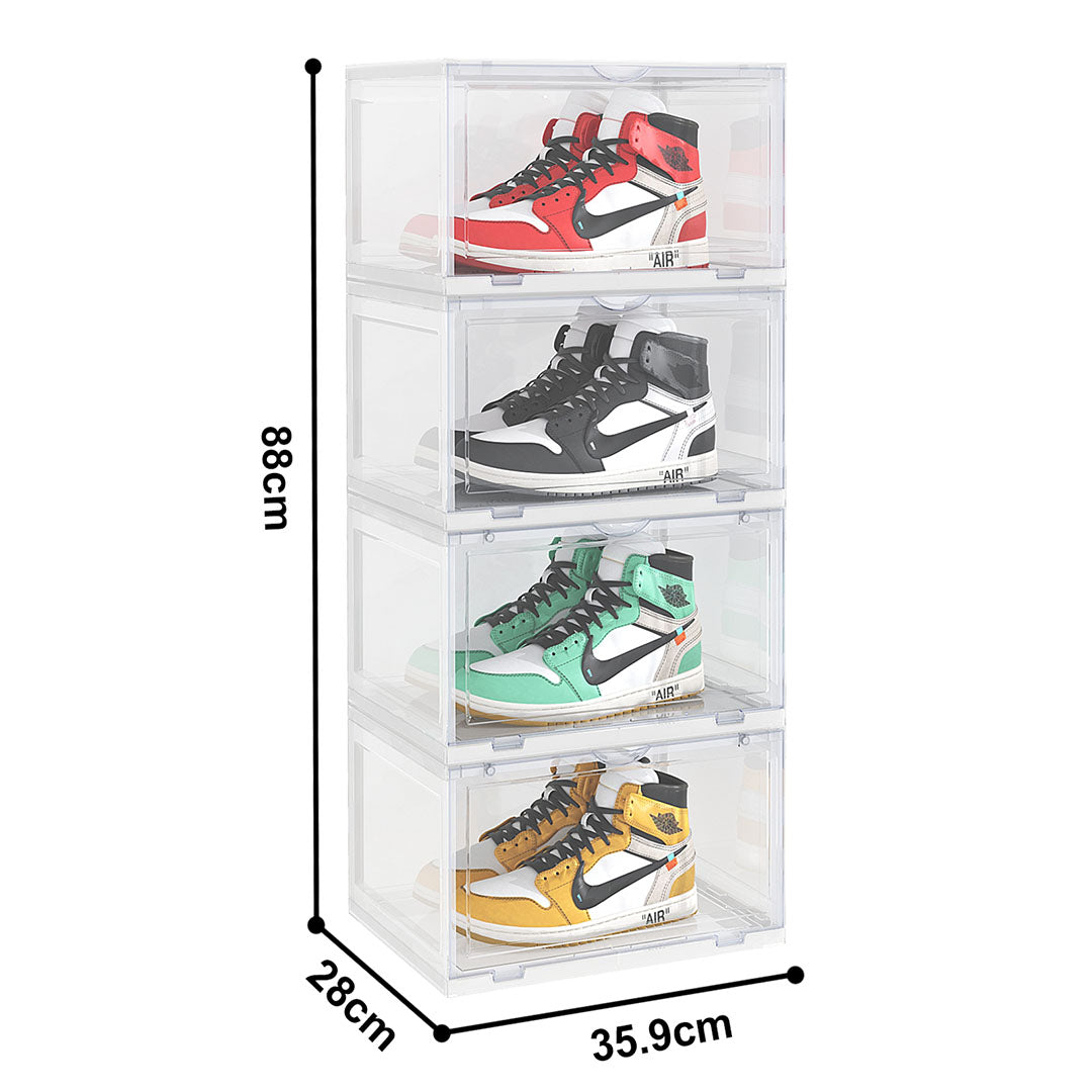 4 Tier Transparent Portable Shoe Organiser Sneaker Footwear Folding Plastic Bin Stackable Storage Box with Magnetic Door