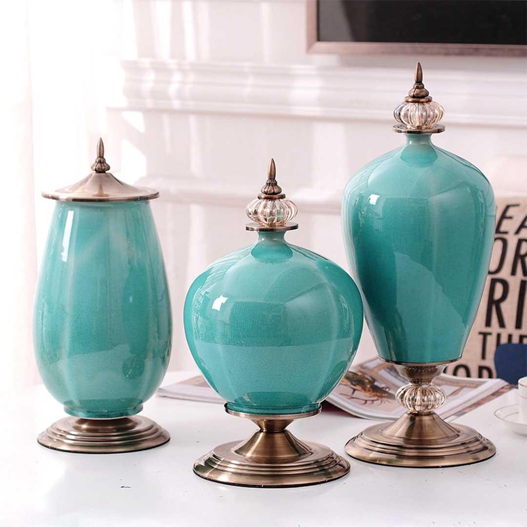 Soga 3 X Ceramic Oval Flower Vase With White Flower Set Green
