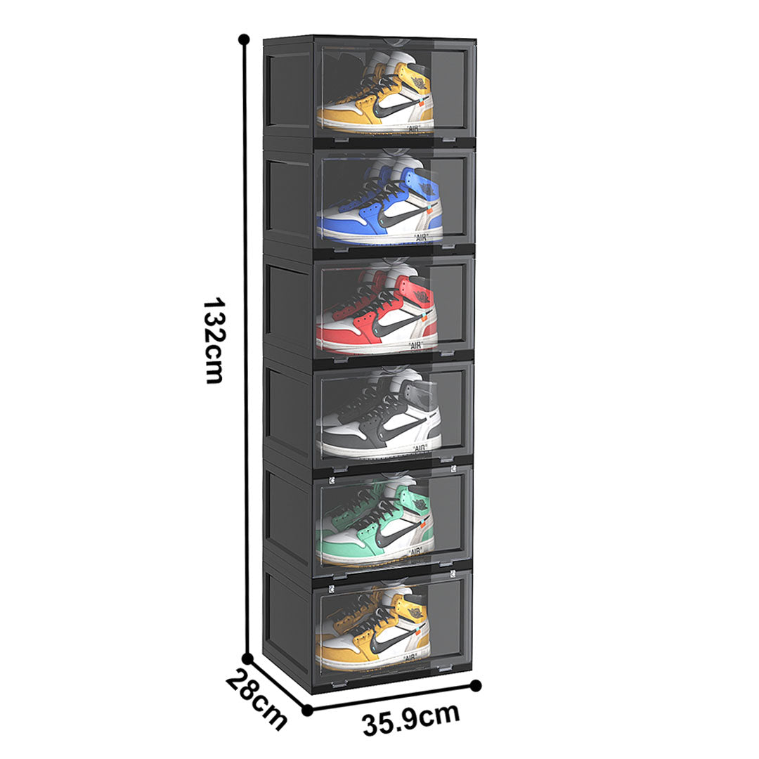 2X 6 Tier Black Portable Shoe Organiser Sneaker Footwear Folding Plastic Bin Stackable Storage Box with Magnetic Door