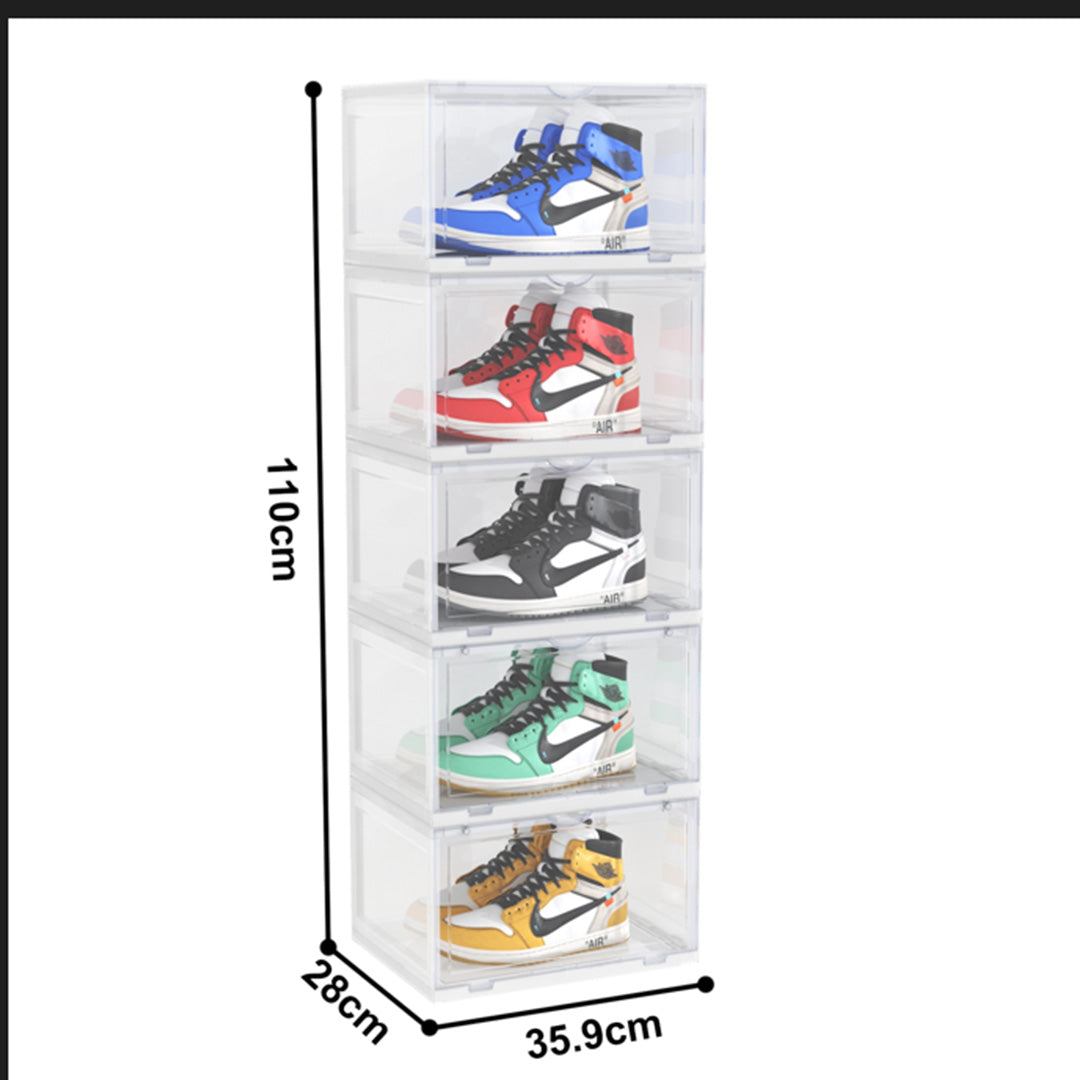 2X 5 Tier Transparent Portable Shoe Organiser Sneaker Footwear Folding Plastic Bin Stackable Storage Box with Magnetic Door