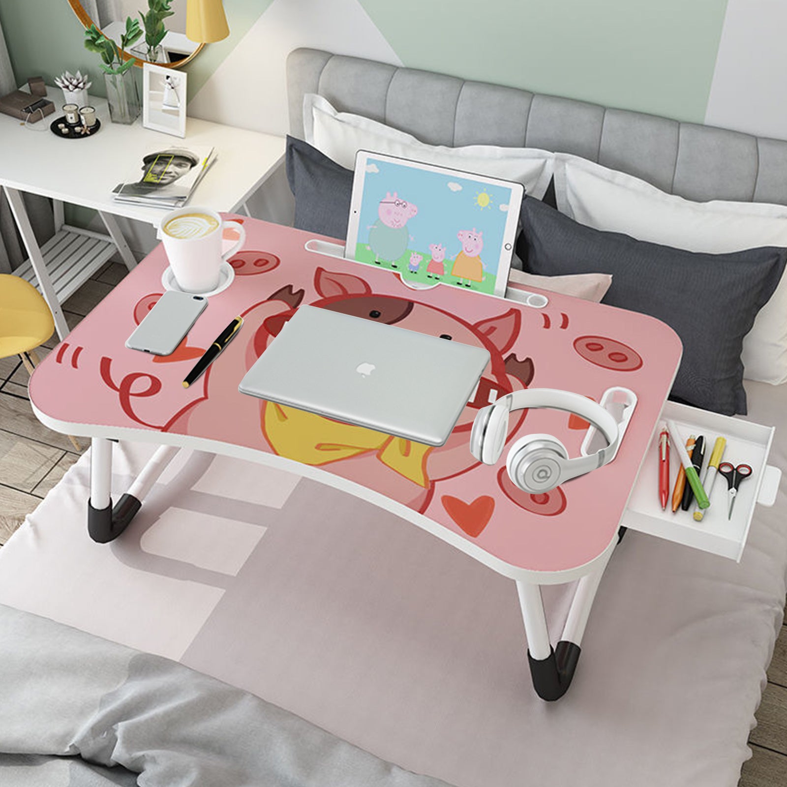 2X Cute Pig Design Portable Bed Table Adjustable Foldable Bed Sofa Study Table Laptop Mini Desk with Drawer and Cup Slot Home Decor
