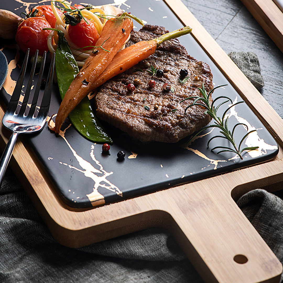 Soga 2 X 33.5cm Black Square Wooden Serving Tray Slate Steak Serving Platter Chopping Board Paddle Home Decor