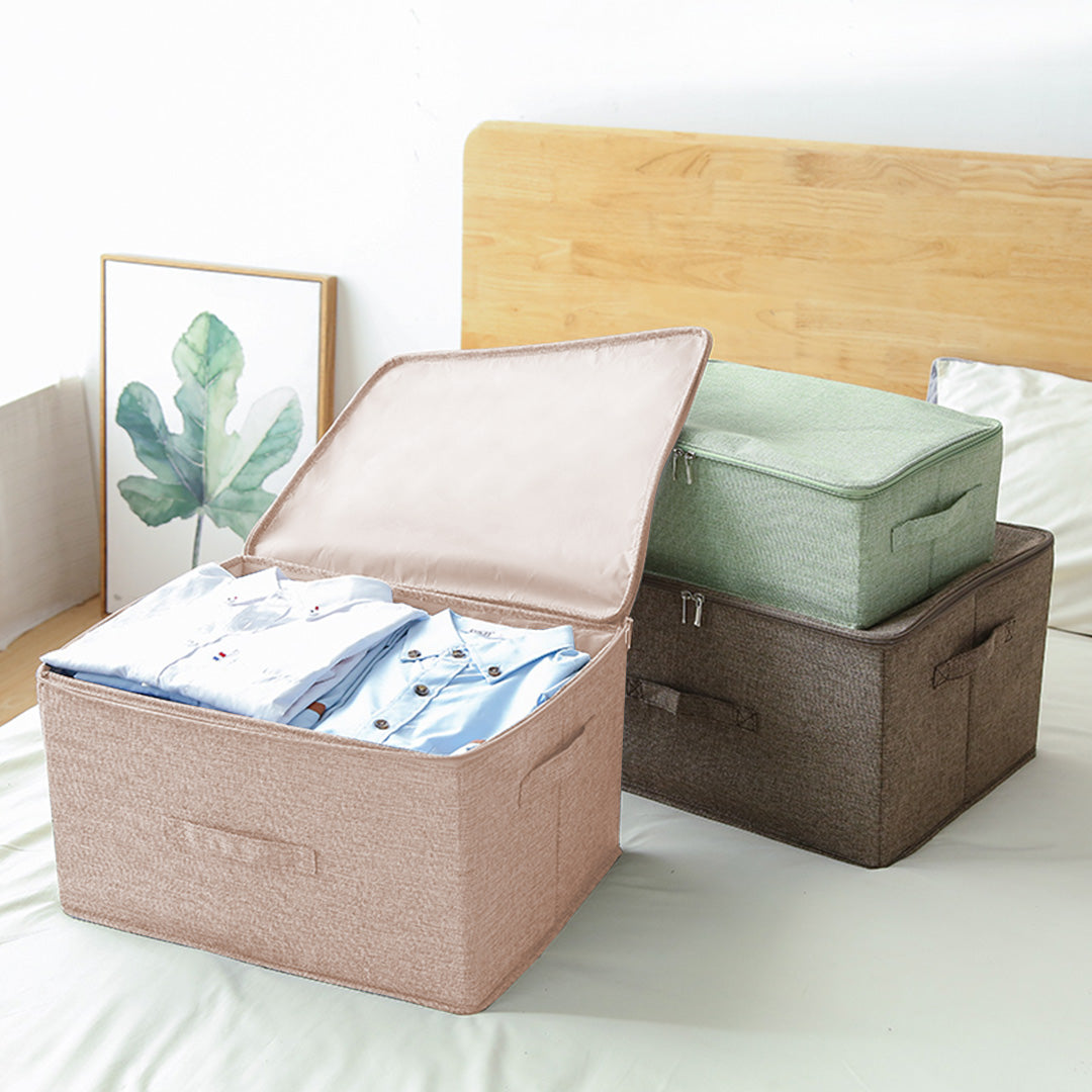 2X Beige Large Portable Double Zipper Storage Box Moisture Proof Clothes Basket Foldable Home Organiser