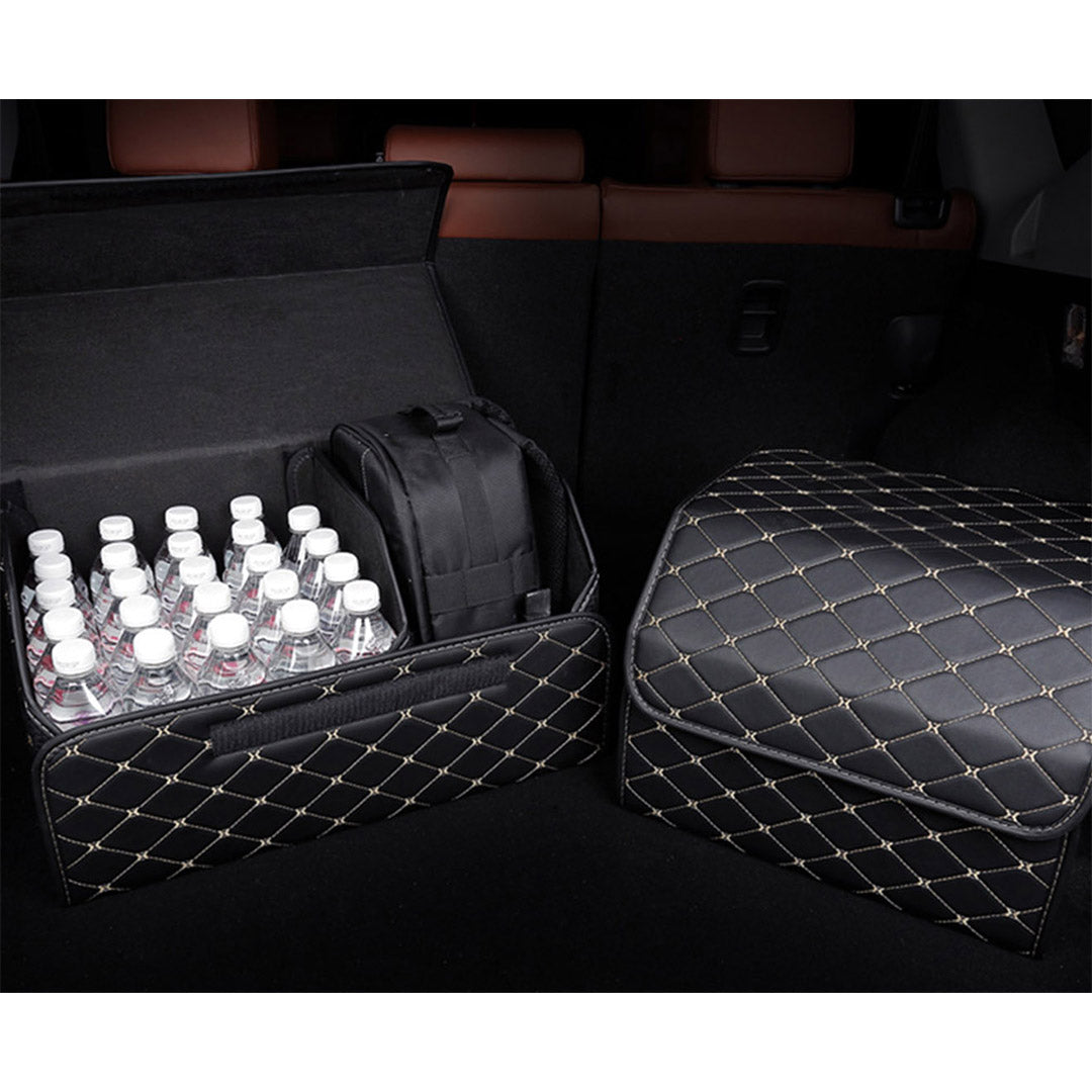 Soga 2 X Leather Car Boot Collapsible Foldable Trunk Cargo Organizer Portable Storage Box Black/Gold Stitch Medium