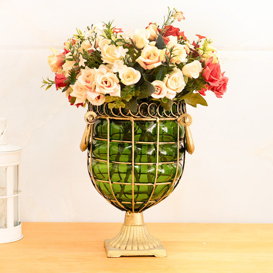 Soga Green Colored European Glass Jar Flower Vase Solid Base With Metal Handle
