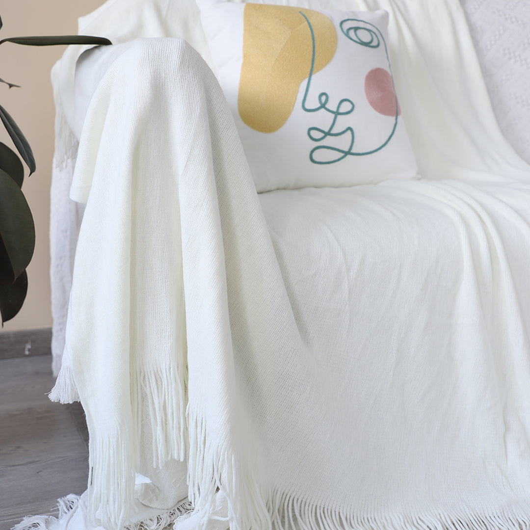 White Acrylic Knitted Throw Blanket Solid Fringed Warm Cozy Woven Cover Couch Bed Sofa Home Decor