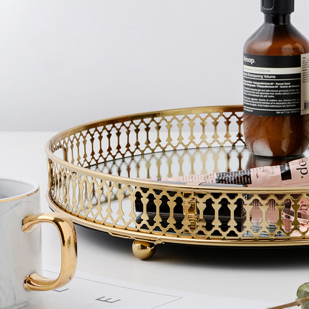 Soga 32cm Gold Round Ornate Mirror Glass Metal Tray Vanity Makeup Perfume Jewelry Organiser With Handles