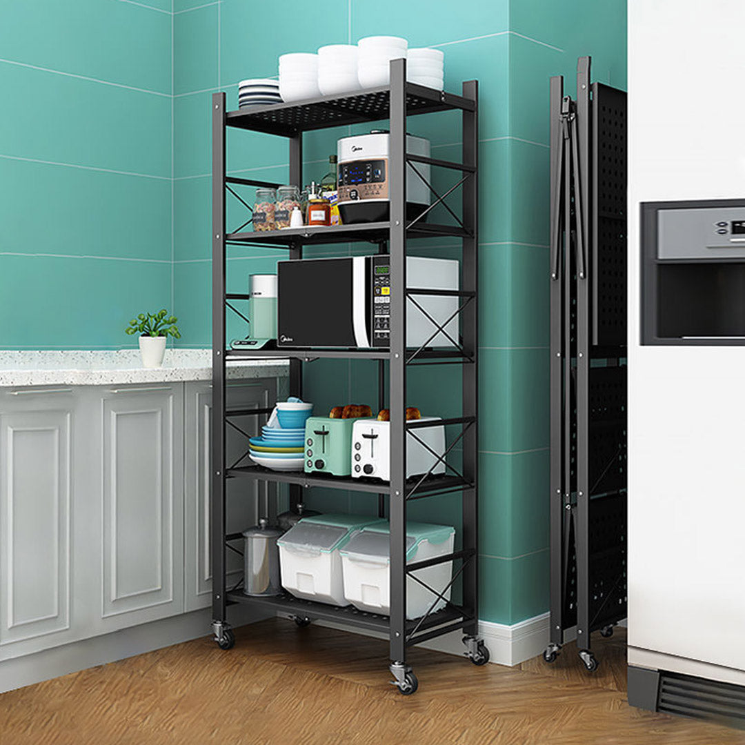 Soga 5 Tier Steel Black Foldable Display Stand Multi Functional Shelves Portable Storage Organizer With Wheels