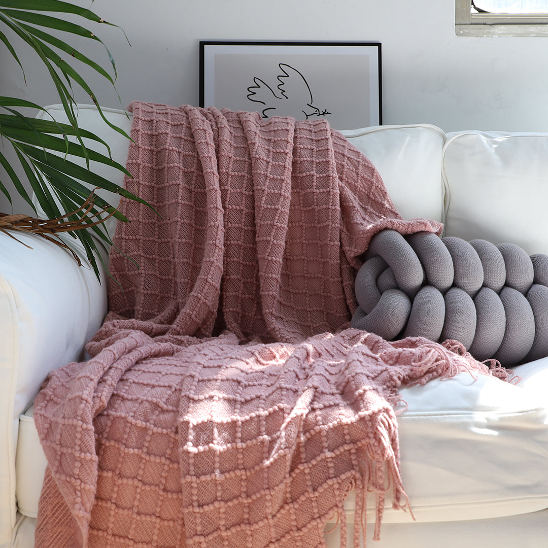 Pink Diamond Pattern Knitted Throw Blanket Warm Cozy Woven Cover Couch Bed Sofa Home Decor with Tassels