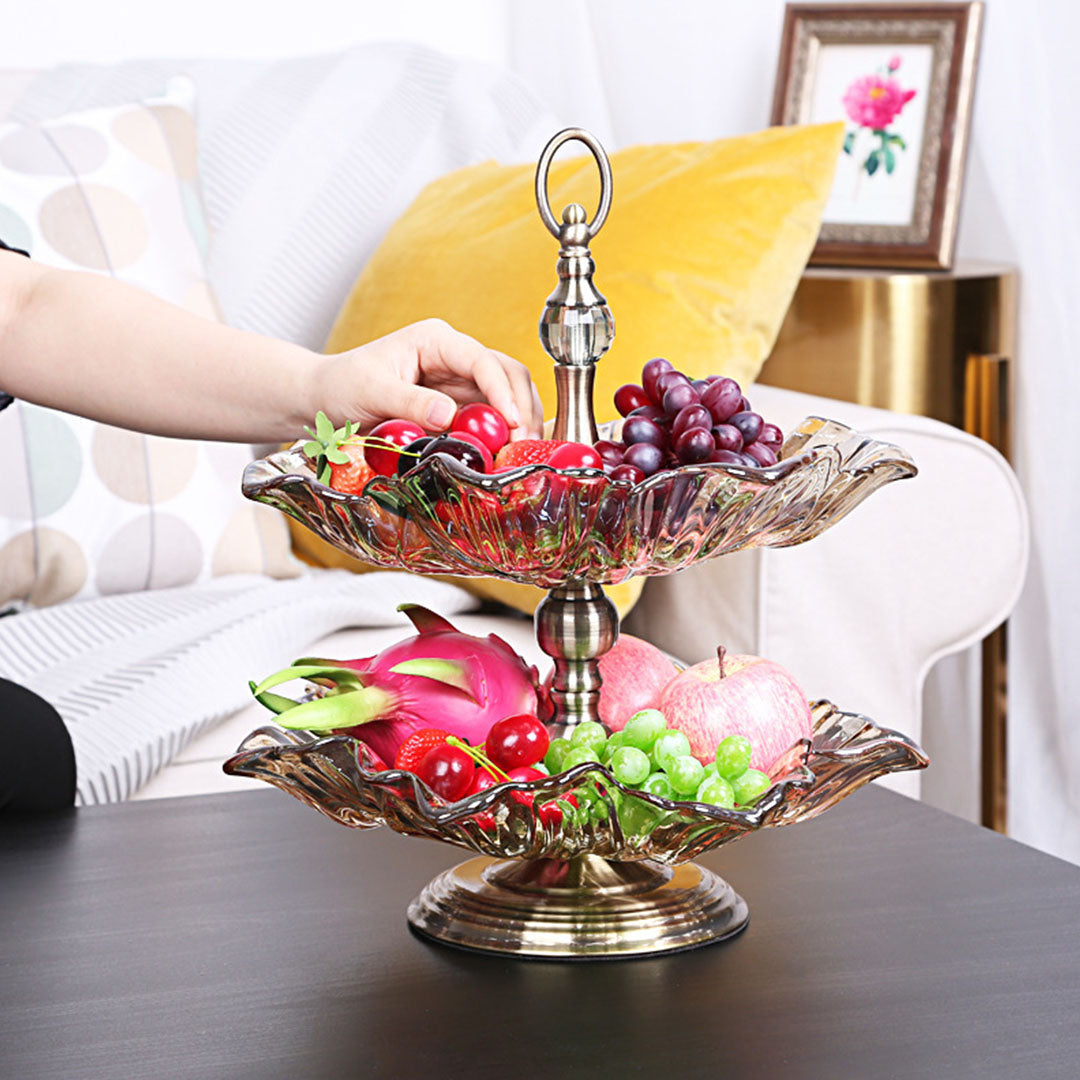 Soga 2 Tier Bronze Lotus Vertex Crystal Glass Fruit Bowl Candy Holder Countertop Dessert Serving Basket Decor