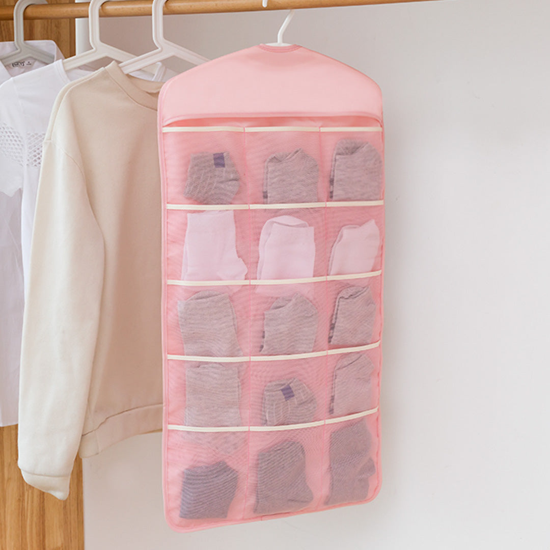 Pink Double Sided Hanging Storage Bag Underwear Bra Socks Mesh Pocket Hanger Home Organiser