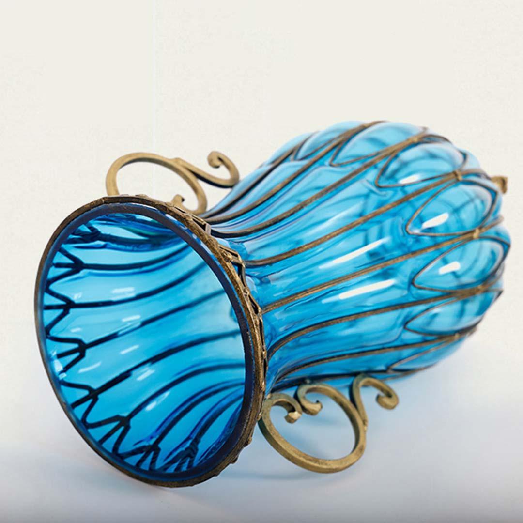 Soga 51cm Blue Glass Oval Floor Vase With Metal Flower Stand