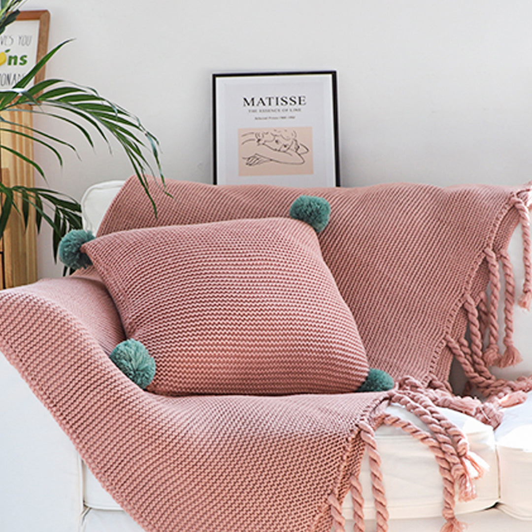 Pink Tassel Fringe Knitting Blanket Warm Cozy Woven Cover Couch Bed Sofa Home Decor