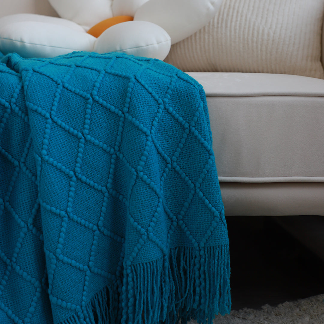 Blue Diamond Pattern Knitted Throw Blanket Warm Cozy Woven Cover Couch Bed Sofa Home Decor with Tassels
