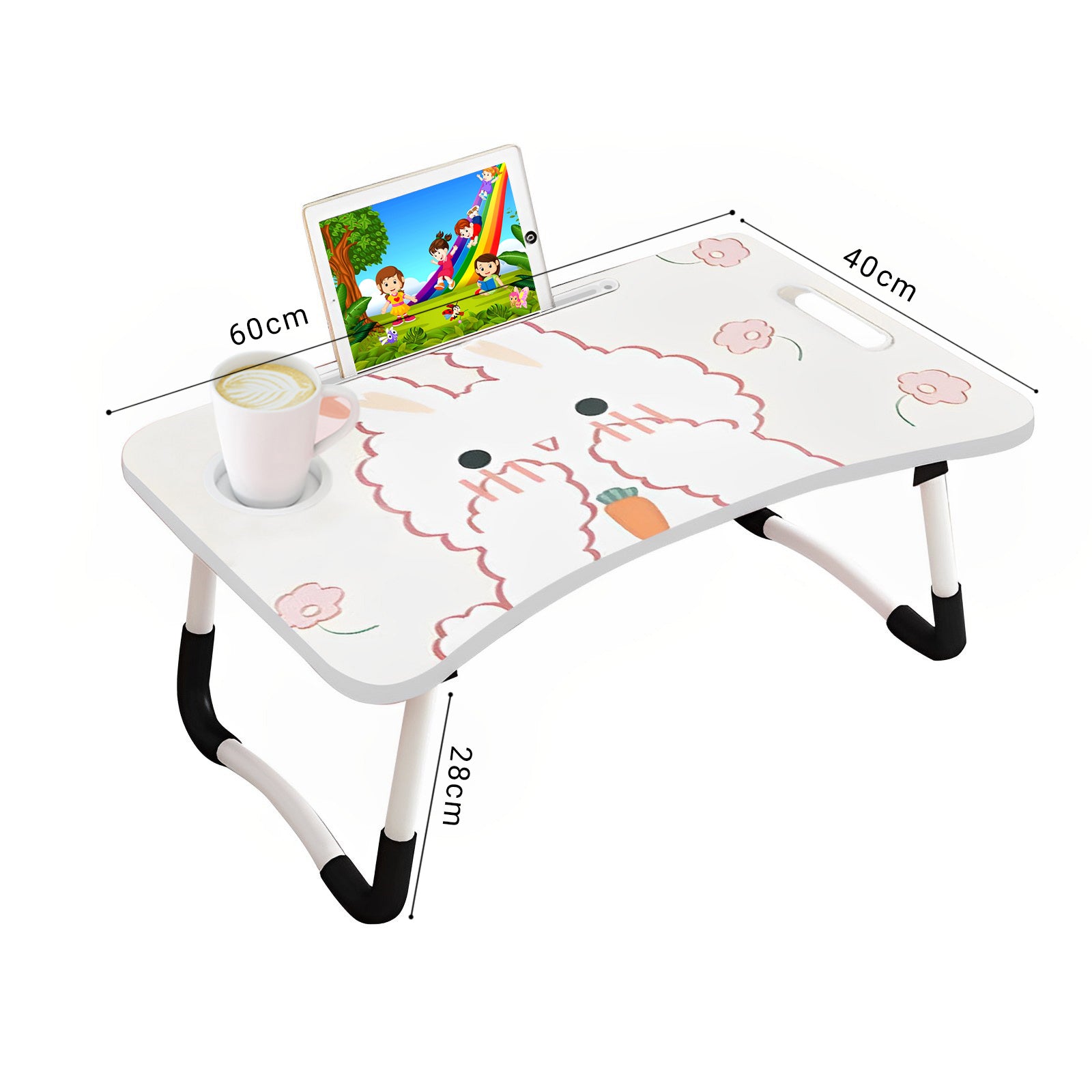 2X Cute Rabbit Design Portable Bed Table Adjustable Foldable Bed Sofa Study Table Laptop Mini Desk with Drawer and Cup Slot Home Decor