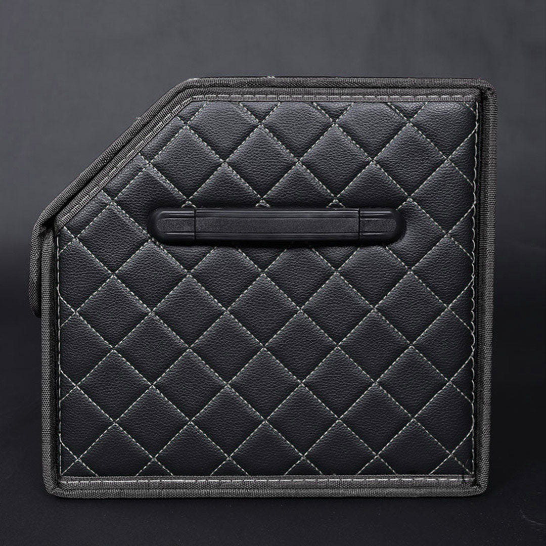Soga Leather Car Boot Collapsible Foldable Trunk Cargo Organizer Portable Storage Box Black/White Stitch With Lock Small