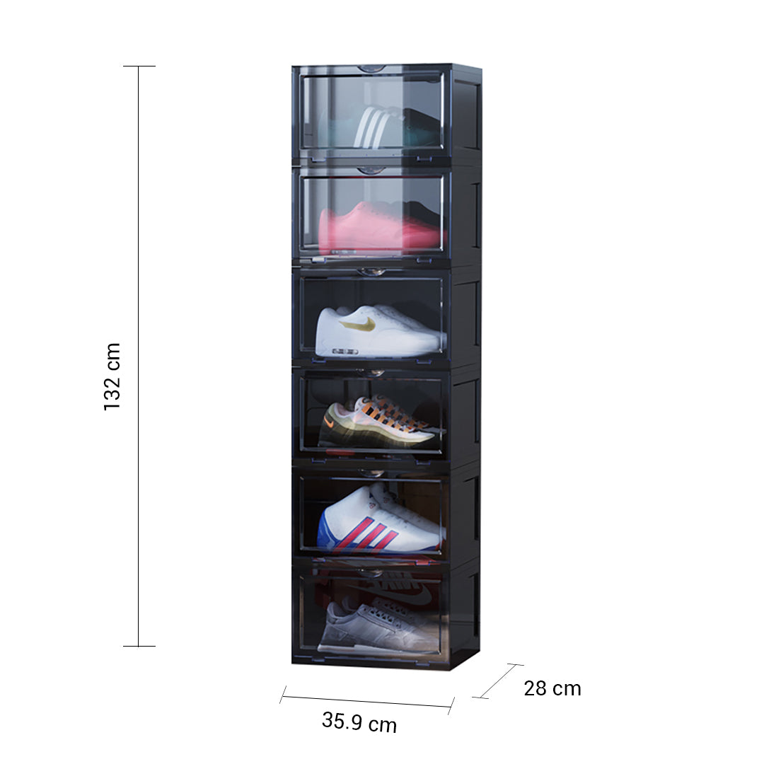 2X 6 Tier Black Portable Shoe Organiser Sneaker Footwear Folding Plastic Bin Stackable Storage Box with Magnetic Door