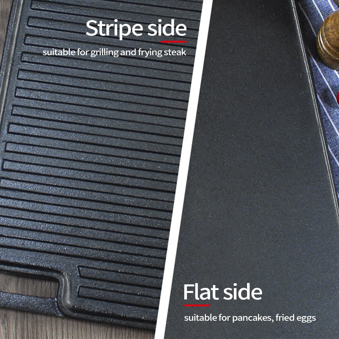 45cm Rectangular Cast Iron Portable Fry BBQ Grill Plate Cooking Pan Tray with Handle