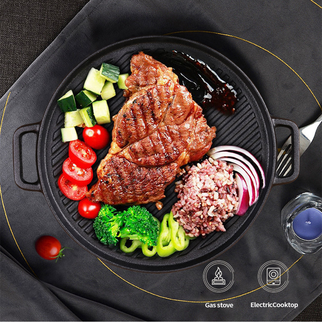 30cm Round Cast Iron Ribbed BBQ Pan Skillet Steak Sizzle Platter with Handle
