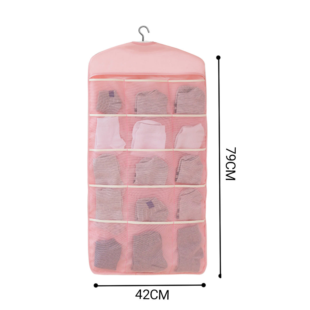 2X Pink Double Sided Hanging Storage Bag Underwear Bra Socks Mesh Pocket Hanger Home Organiser