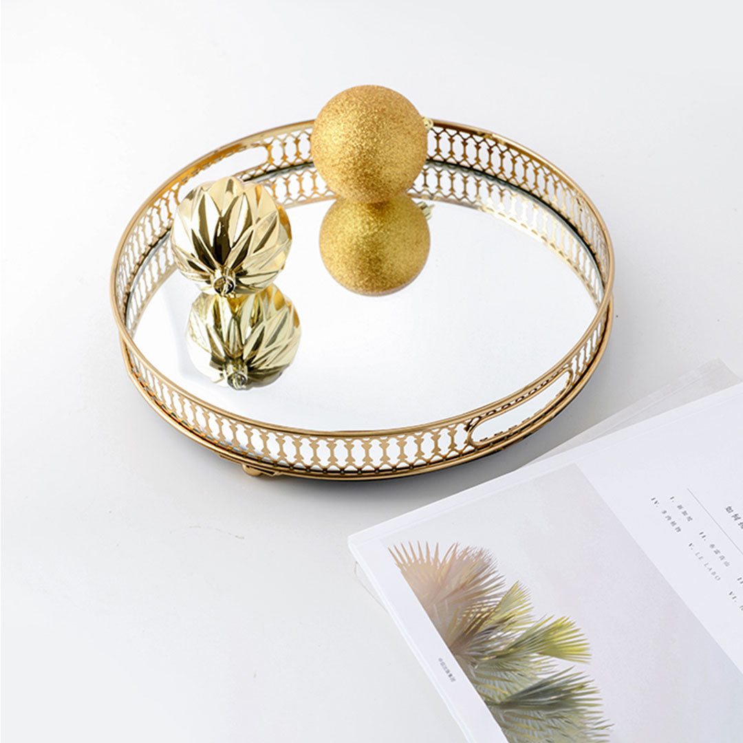 Soga 32cm Gold Round Ornate Mirror Glass Metal Tray Vanity Makeup Perfume Jewelry Organiser With Handles