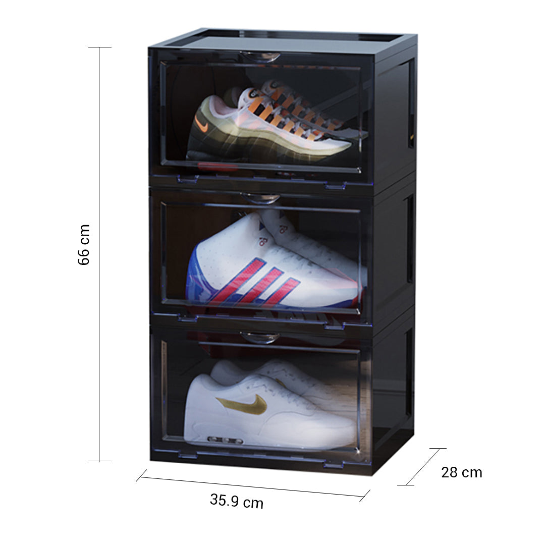 3 Tier Black Portable Shoe Organiser Sneaker Footwear Folding Plastic Bin Stackable Storage Box with Magnet Doors