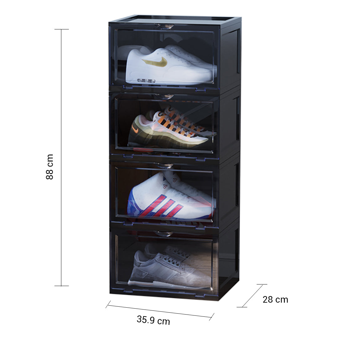 2X 4 Tier Black Portable Shoe Organiser Sneaker Footwear Folding Plastic Bin Stackable Storage Box with Magnetic Door