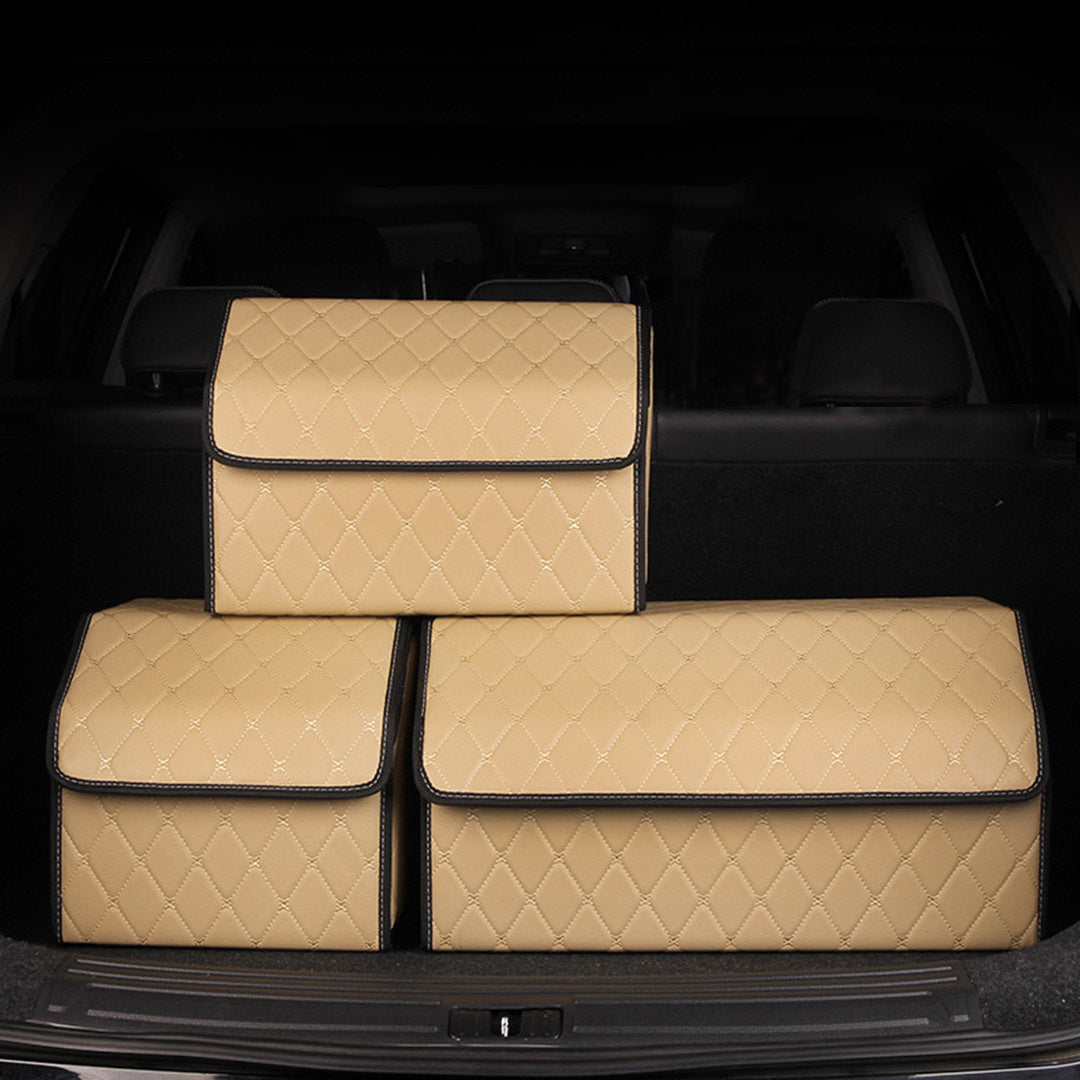 Soga 2 X Leather Car Boot Collapsible Foldable Trunk Cargo Organizer Portable Storage Box Beige/Gold Stitch Medium