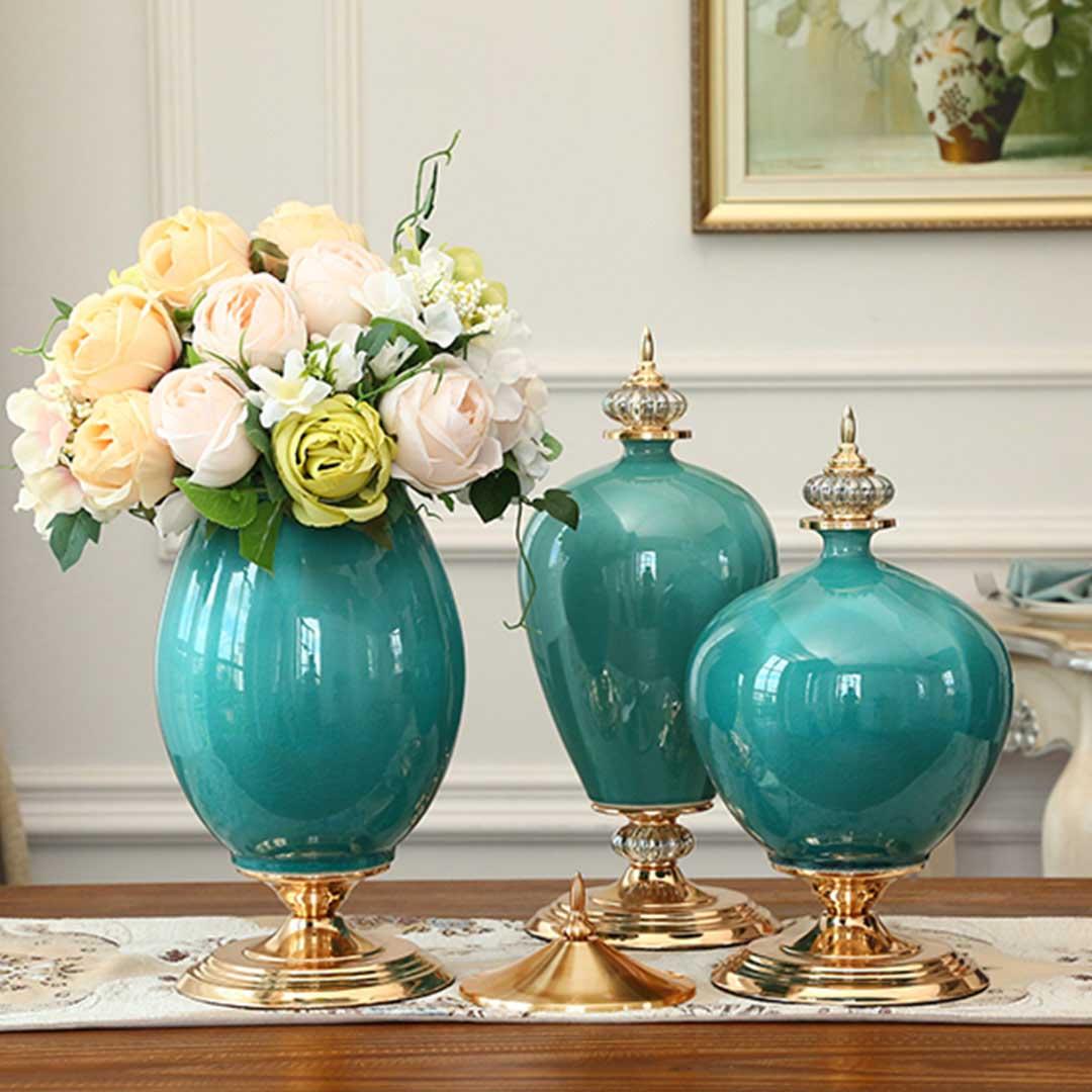 Soga 3 X Ceramic Oval Flower Vase With White Flower Set Green