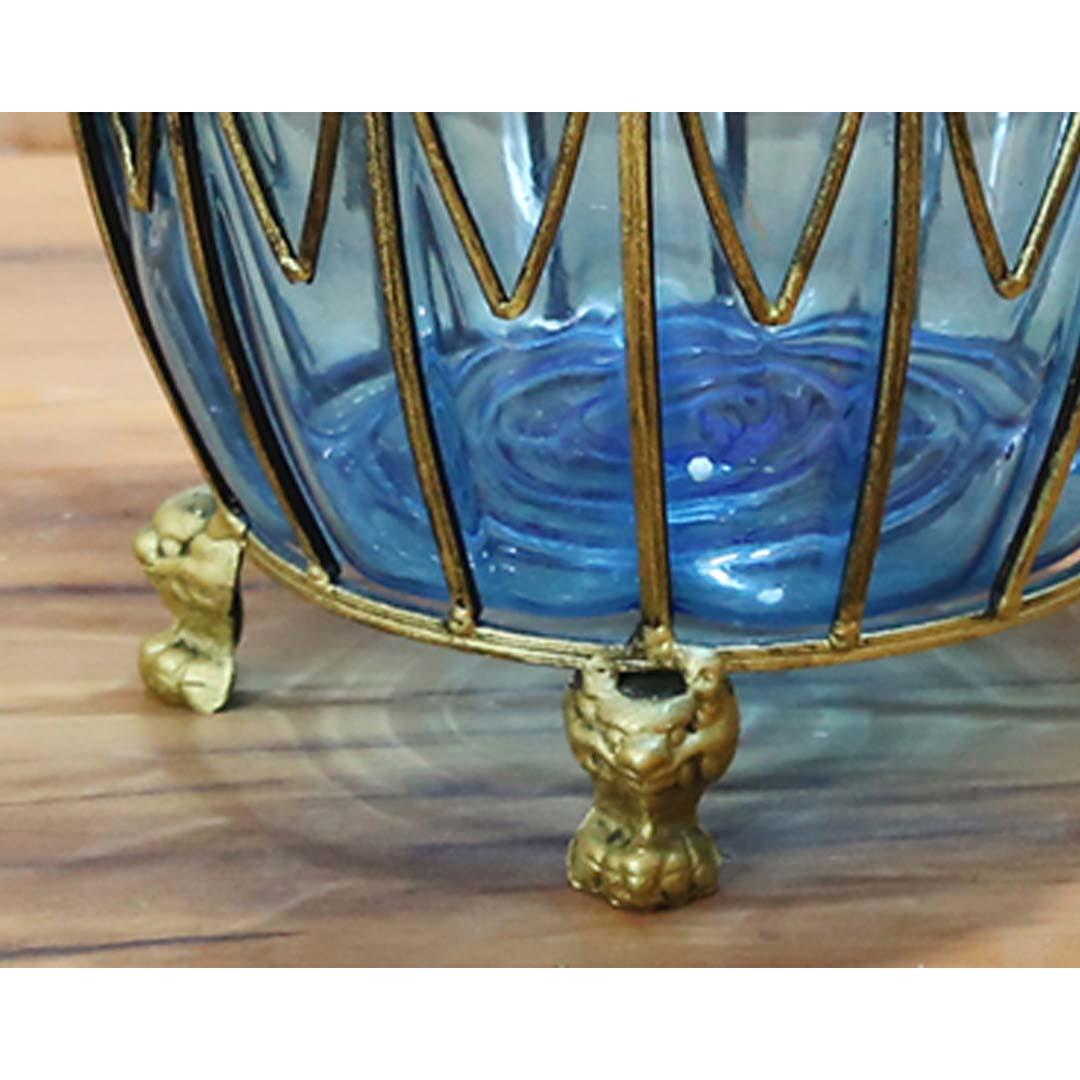 Soga 51cm Blue Glass Oval Floor Vase With Metal Flower Stand
