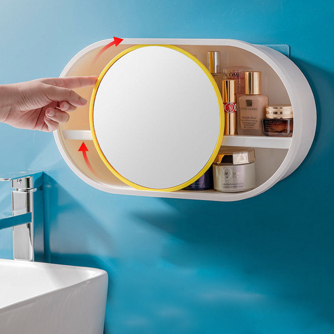 2X 39cm Oval Wall-Mounted Mirror Storage Box Vanity Mirror Rack Bathroom Adhesive Shelf Home Organiser Decor