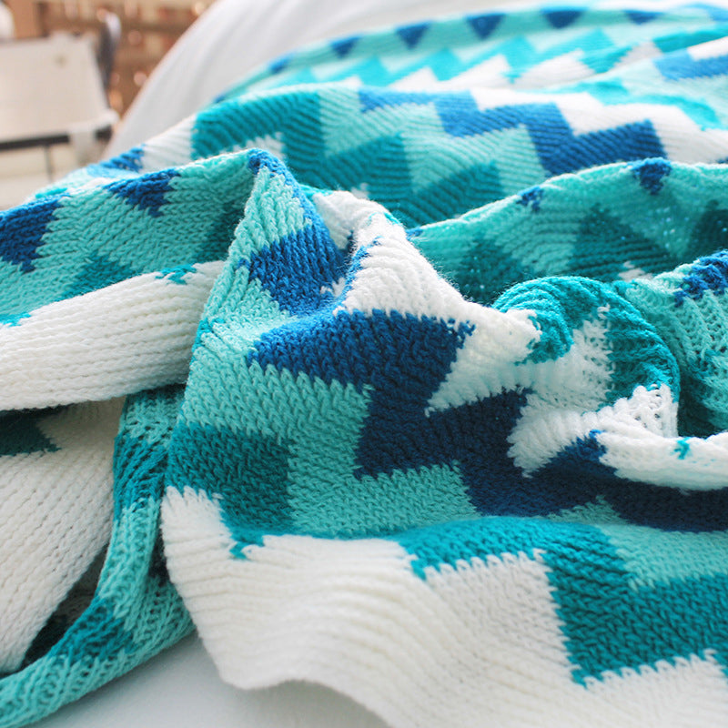 2X 170cm Blue Zigzag Striped Throw Blanket Acrylic Wave Knitted Fringed Woven Cover Couch Bed Sofa Home Decor