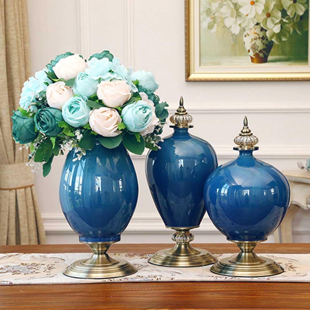 Soga 3 X Ceramic Oval Flower Vase With White Flower Set Green