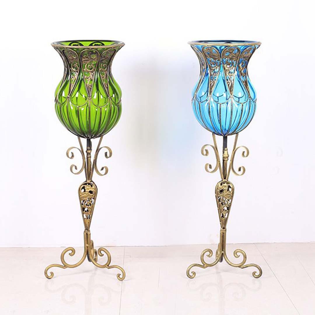 Soga 85cm Blue Glass Tall Floor Vase And 12pcs Pink Artificial Fake Flower Set