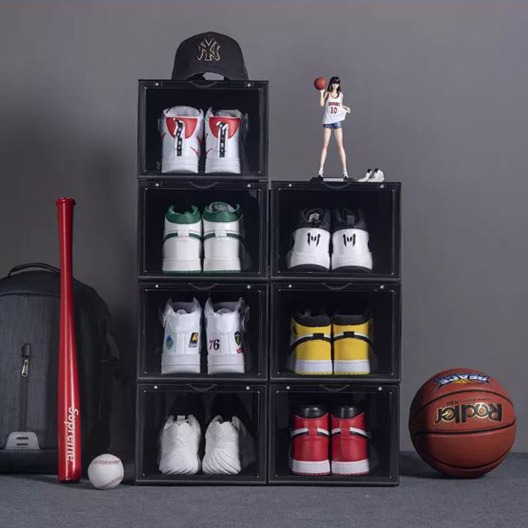 2X 4 Tier Transparent Portable Shoe Organiser Sneaker Footwear Folding Plastic Bin Stackable Storage Box with Magnetic Door