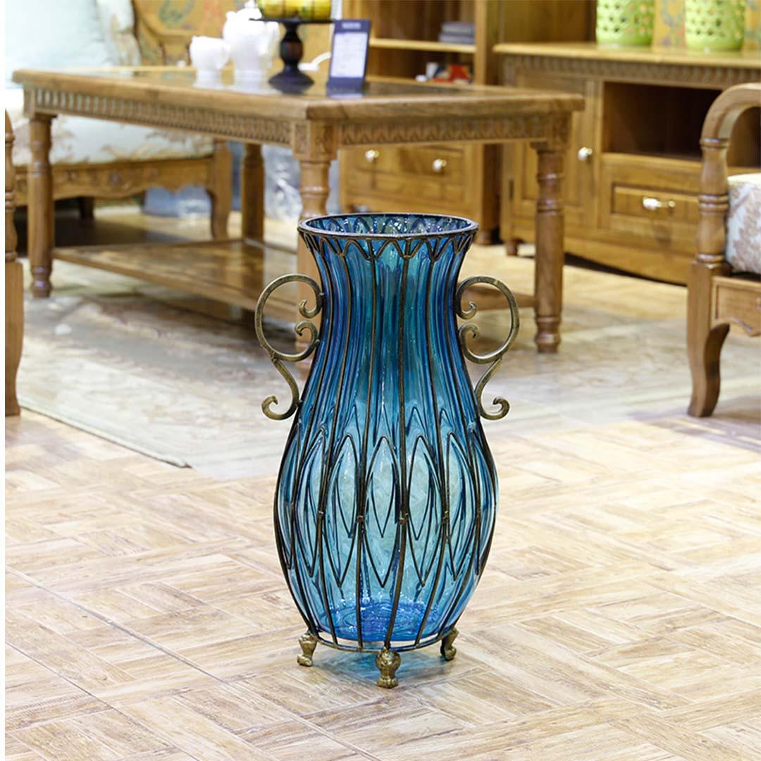 Soga 51cm Blue Glass Oval Floor Vase With Metal Flower Stand