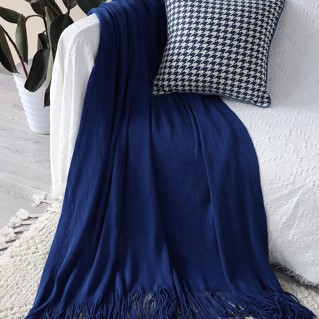 Royal Blue Acrylic Knitted Throw Blanket Solid Fringed Warm Cozy Woven Cover Couch Bed Sofa Home Decor
