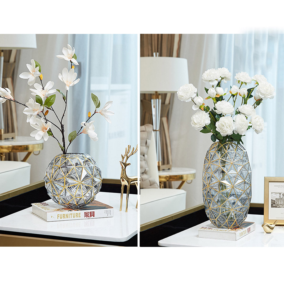 Soga 2 X Grey Colored Diamond Cut Glass Flower Vase Round Jar Home Decor With Gold Accent Large And Medium Set