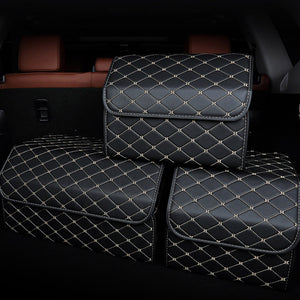 Soga 4 X Leather Car Boot Collapsible Foldable Trunk Cargo Organizer Portable Storage Box Black/Gold Stitch Large