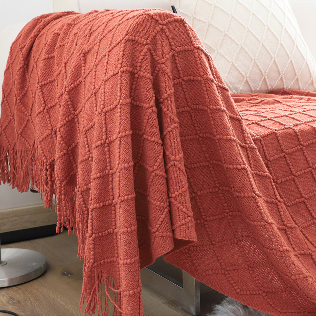 Red Diamond Pattern Knitted Throw Blanket Warm Cozy Woven Cover Couch Bed Sofa Home Decor with Tassels