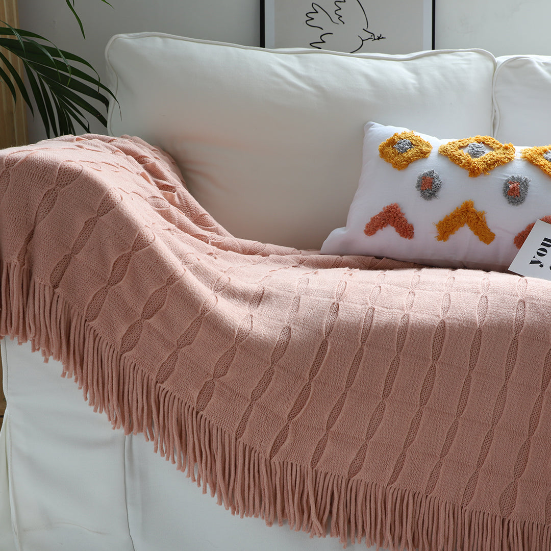 2X Pink Textured Knitted Throw Blanket Warm Cozy Woven Cover Couch Bed Sofa Home Decor with Tassels
