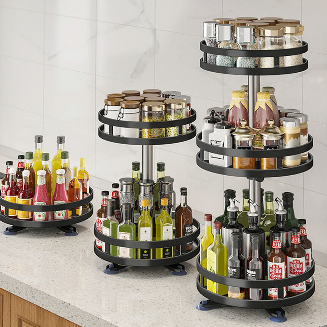 2X 3 Tier Steel Black Round Rotating Multi-Function Kitchen Portable Storage Spice Seasoning Kitchen Countertop Organiser Shelf