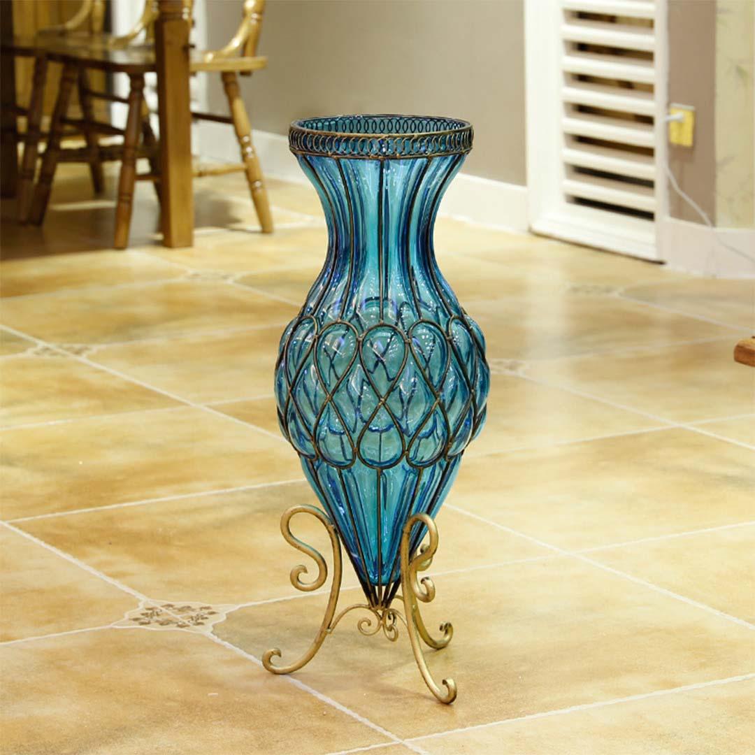 Soga 67cm Blue Glass Tall Floor Vase With Metal Flower Stand